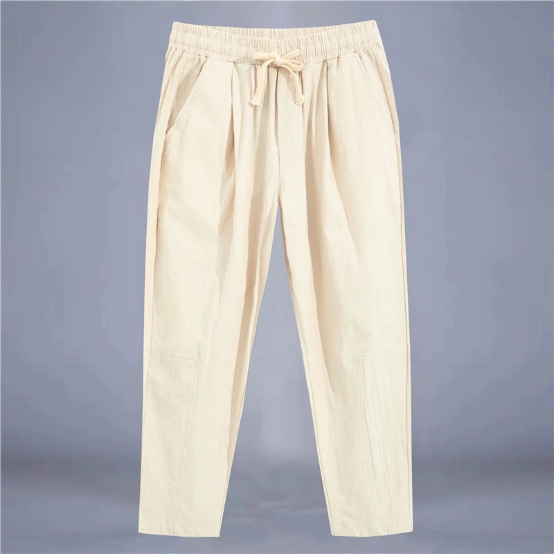 Premium Cotton Linen Drawstring Pants - Men's Casual Trousers
