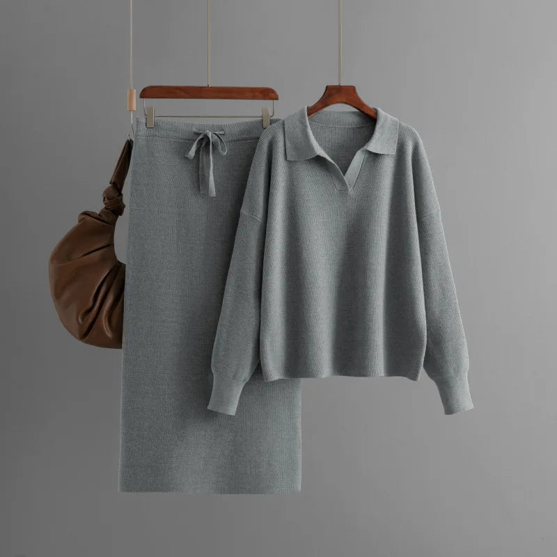 Premium Knit Polo Neck Sweater & Skirt Set - Luxury Loungewear