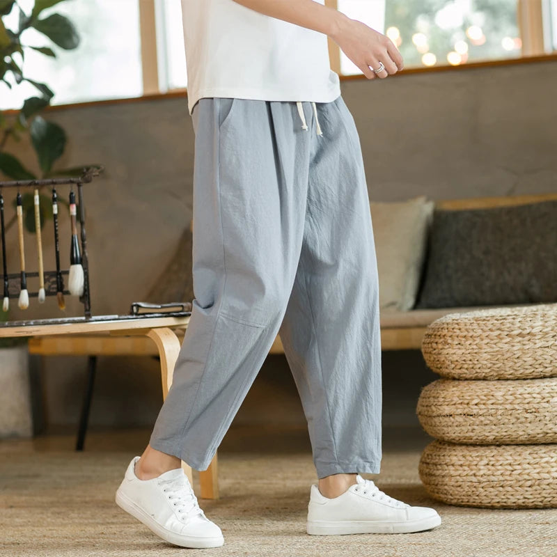 Premium Cotton Linen Drawstring Pants - Men's Casual Trousers