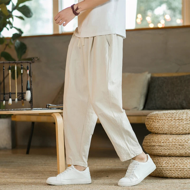 Premium Cotton Linen Drawstring Pants - Men's Casual Trousers