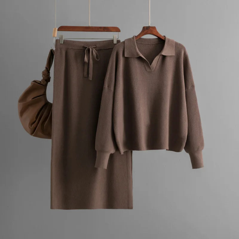 Premium Knit Polo Neck Sweater & Skirt Set - Luxury Loungewear