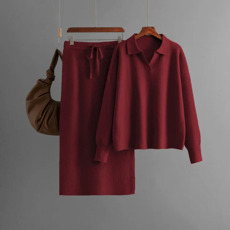 Premium Knit Polo Neck Sweater & Skirt Set - Luxury Loungewear