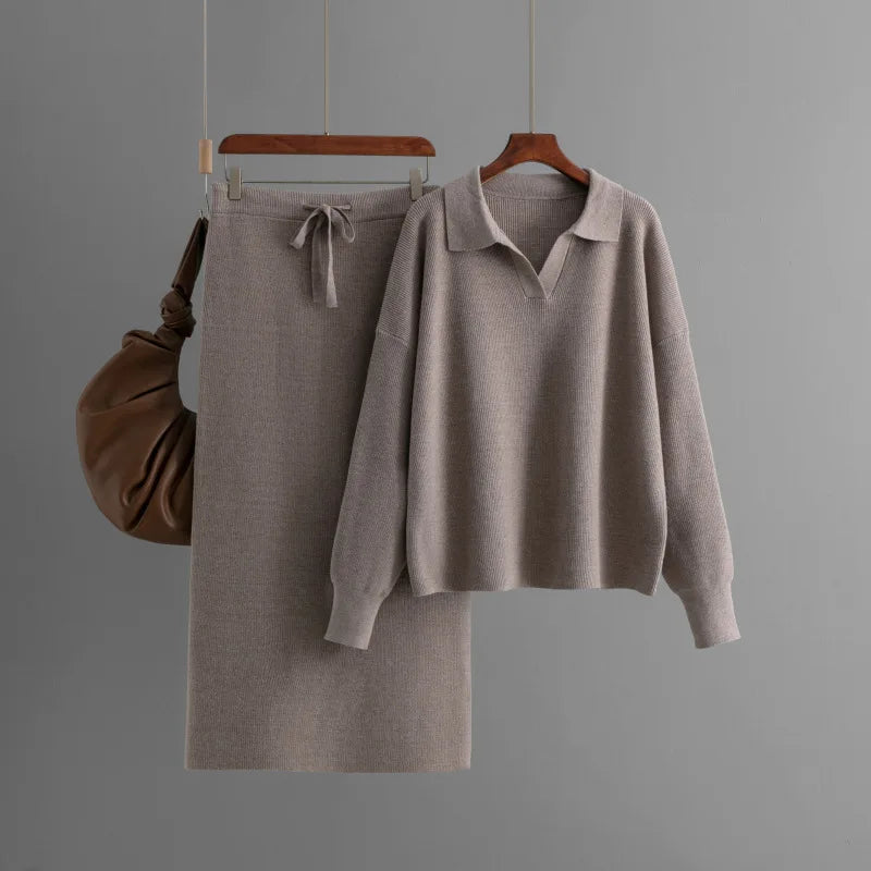 Premium Knit Polo Neck Sweater & Skirt Set - Luxury Loungewear