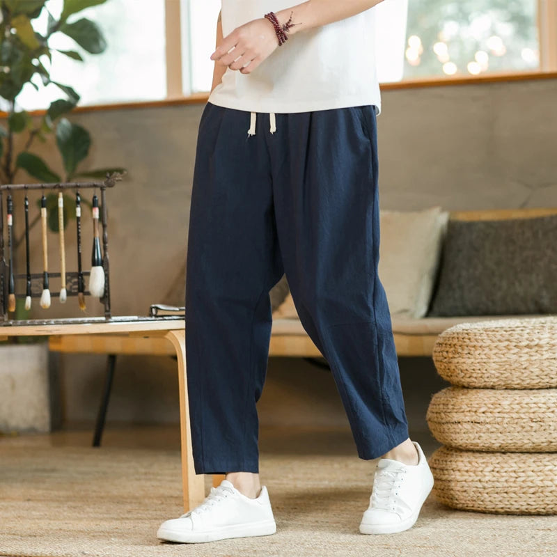 Premium Cotton Linen Drawstring Pants - Men's Casual Trousers