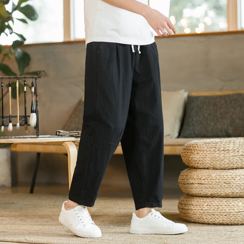 Premium Cotton Linen Drawstring Pants - Men's Casual Trousers