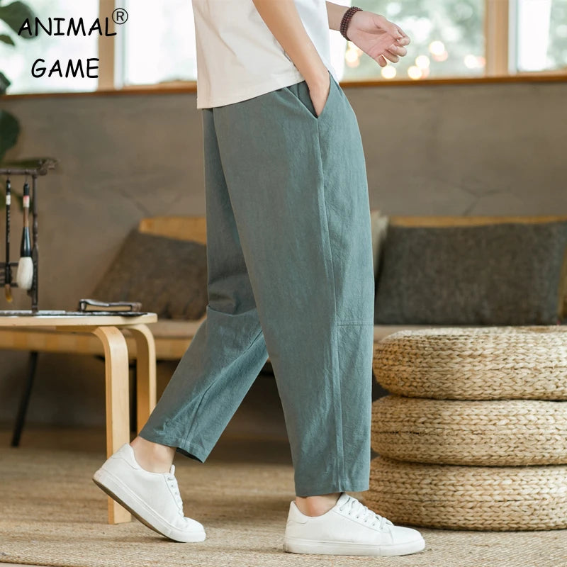 Premium Cotton Linen Drawstring Pants - Men's Casual Trousers